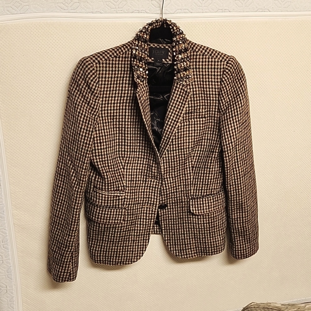 J. Crew Collection Size 6 100% Wool Houndstooth Schoolboy Jacket Jewel Rhinstone